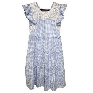 J Marie Blue Gingham Cotton Floral Embroidered Dress Size S